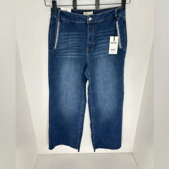 OAT NEW YORK NWT High Rise Wide Leg Jeans 10/30 Rhinestone Pocket Raw Hem - Picture 2 of 16